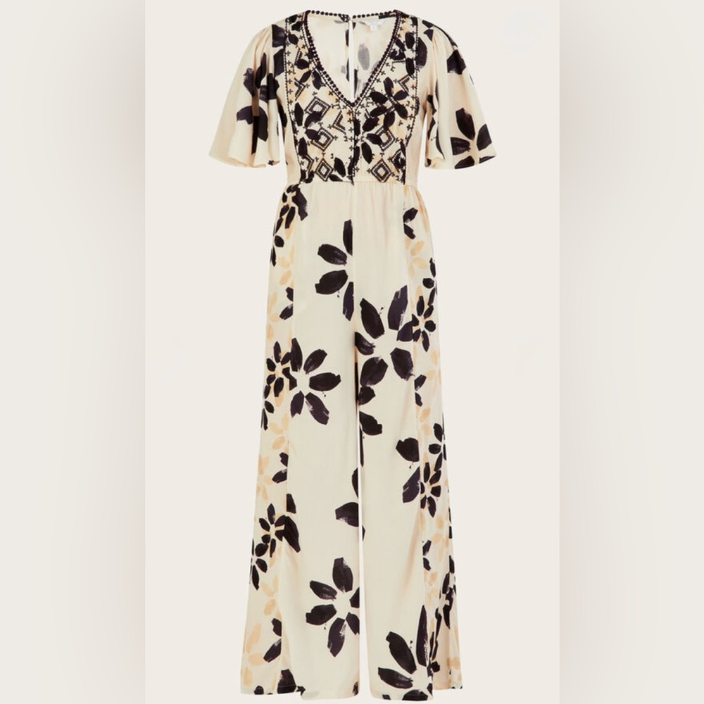 Monsoon‎ Abstract floral print embroidered jumpsuit ivory Women’s Size Small NEW